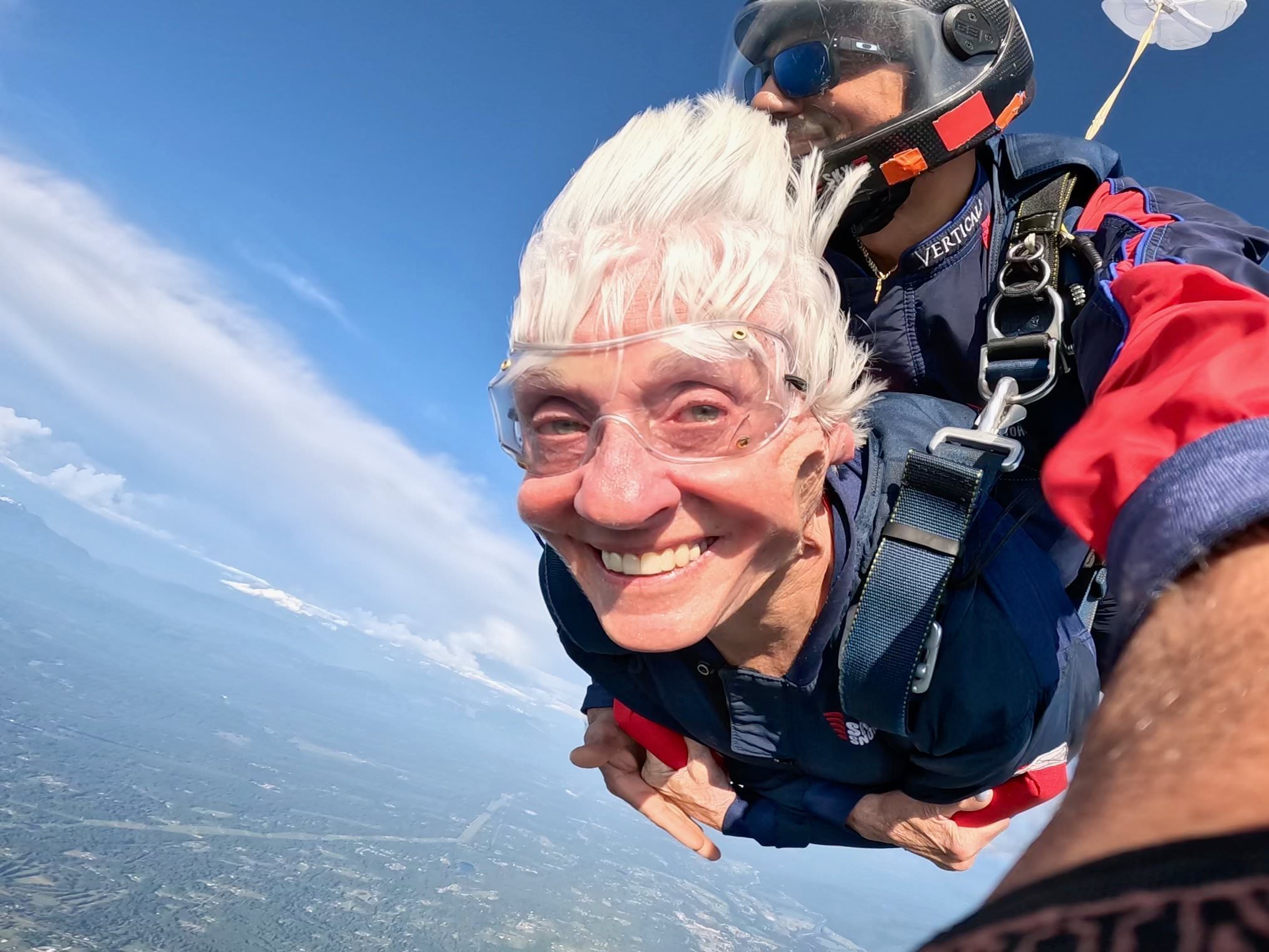 Older tandem skydiver enjoying a jump at Skydive Snohomish
