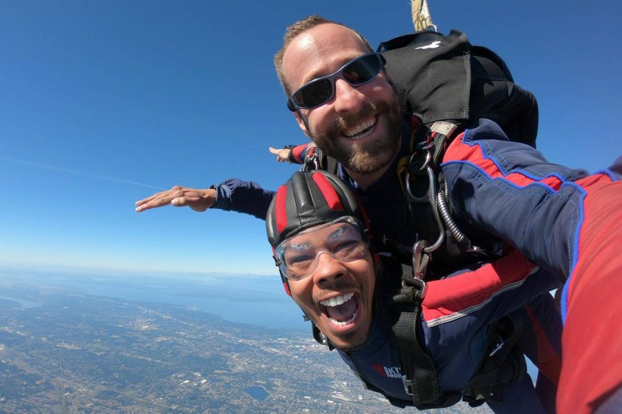 Tandem instructor and student excited to be skydiving.