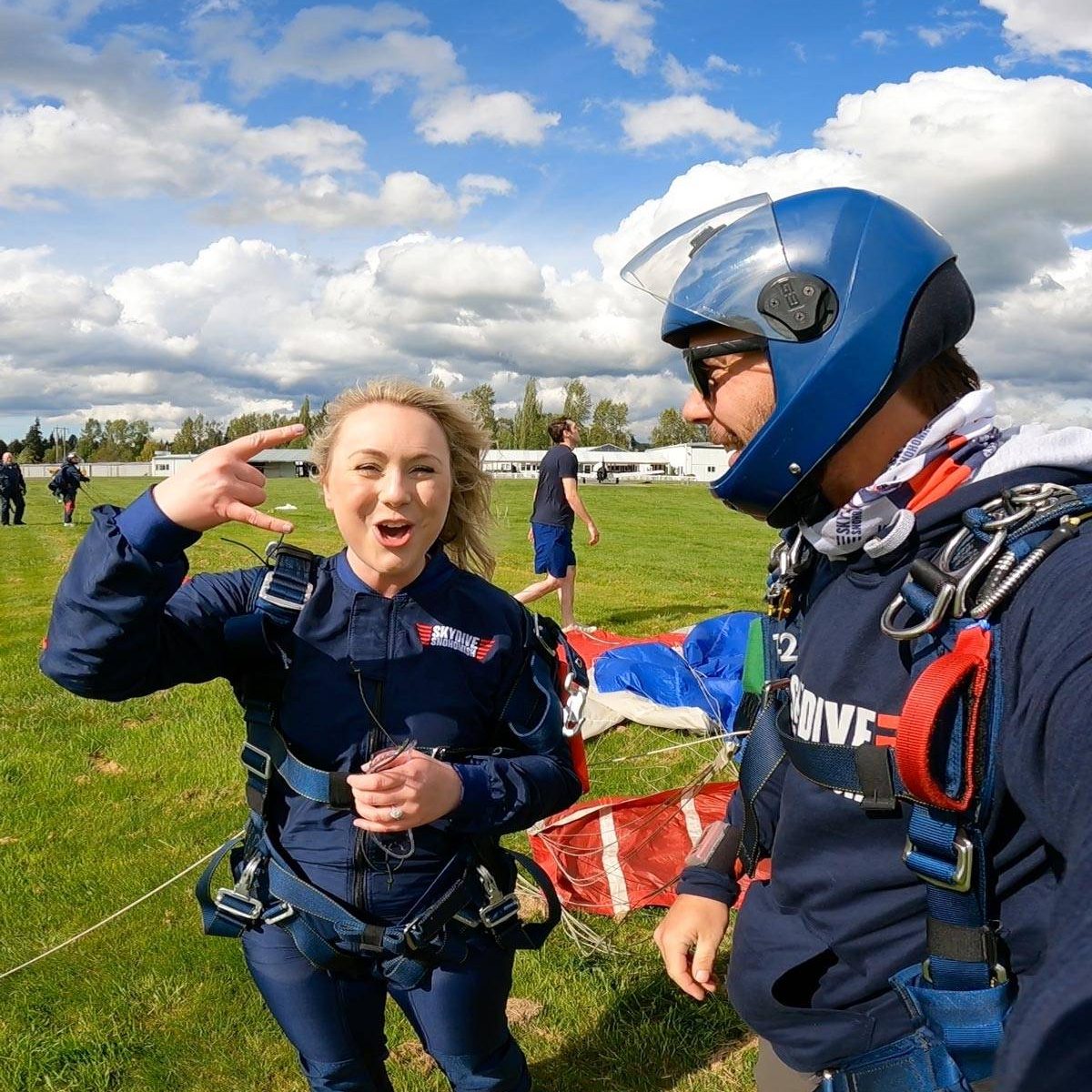 Skydivers celebrating a great jump at Skydive Snohomish