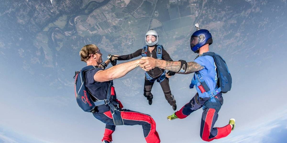 Three experienced skydivers in formation during free fall with a clear view of the earth below them.