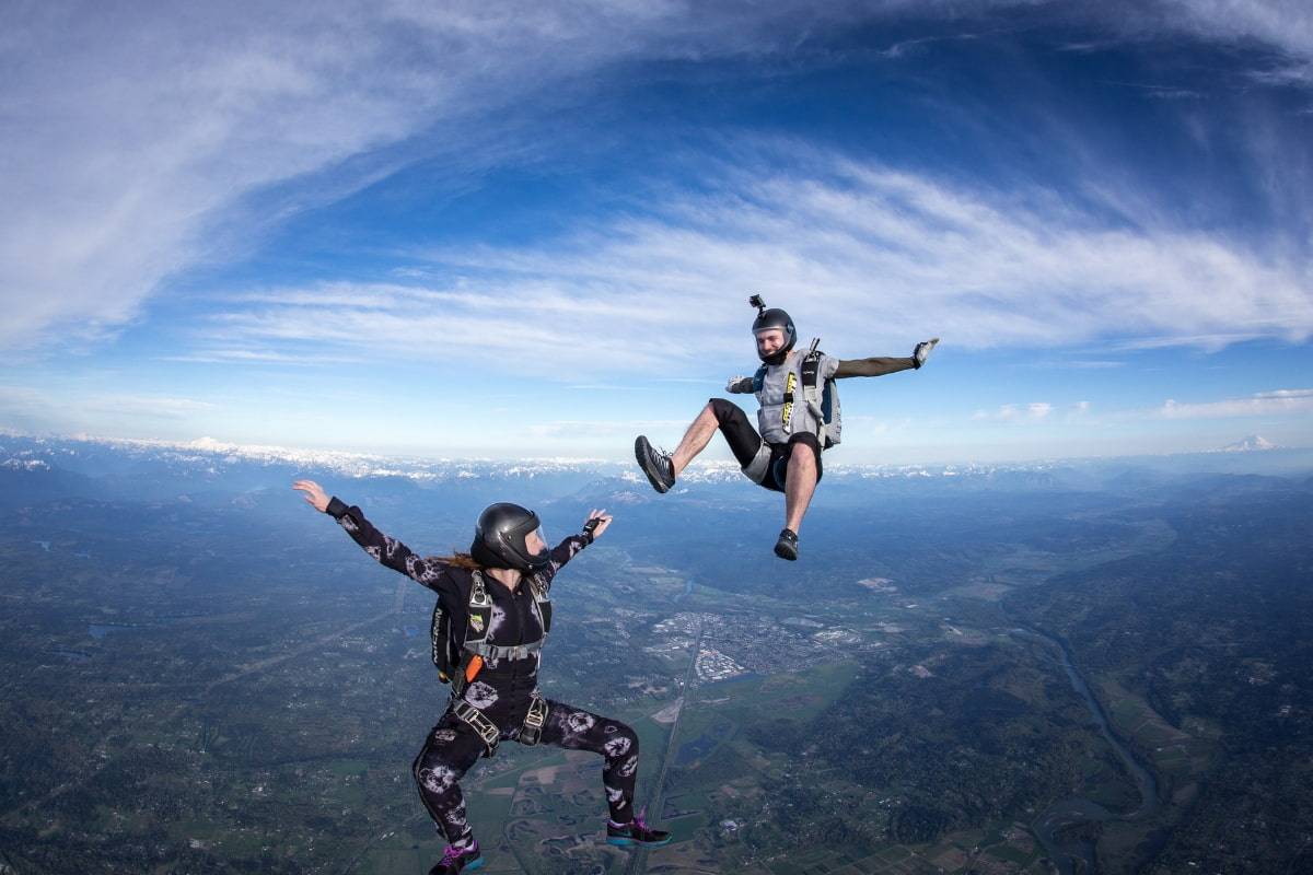 Two experienced skydivers in free fall with a clear view of the earth below them.