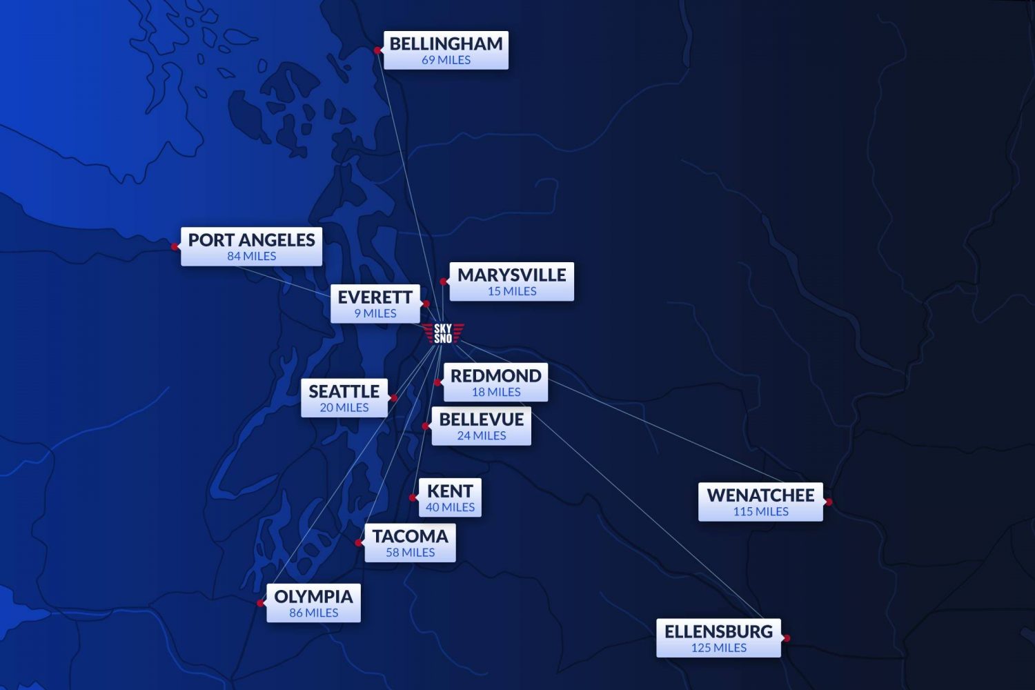 Blue map of town located near Skydive Snohomish